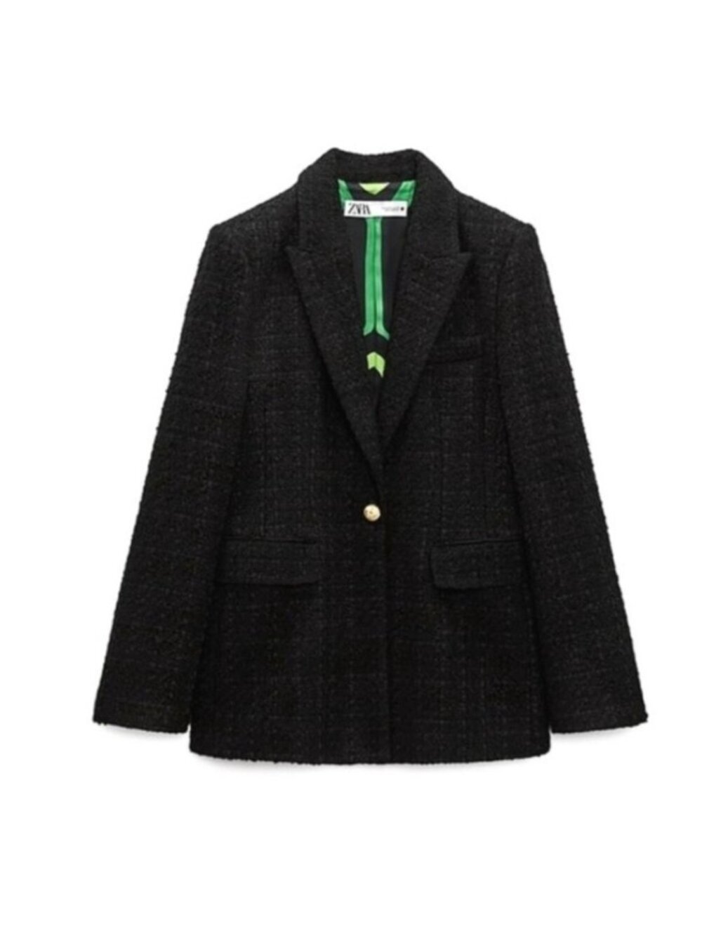 ZARA Black Tweed Blazer XS Tailored Jacket Gold Button Classic Chic Structured